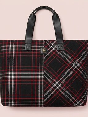 NWT Victoria's Secret Red and Black Plaid Tote Bag w/ Leather Straps